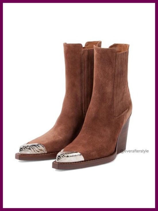 Shoes - Suede Western Cowboy Boots Pointed Toe Block Heel Ankle Booties